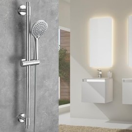 Adjustable 30-Inch Shower Slide Bar with 5-Function Handheld Shower Head, Stainless Steel Wall Mount Shower Slide Bar Set with Extra Hose (Brushed Nickel)