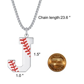VEEHOO Baseball Necklace for Men Boys,Initial A-Z Letter Baseball Jewelry Pendant Baseball Gifts for Boys Boyfriend Coach Dad (Silver, J)