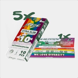 PURIZE® Rainbow Bundle - 5 x XTRA Slim Size Filters (10 Bars) & King Size Slim Papers - Activated Carbon Filter with Rainbow Papers, Made in Germany