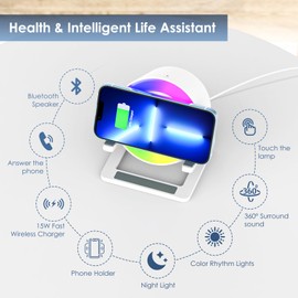 Qoosea 15W Wireless Charger mit Bluetooth Lautsprecher und Nachtlicht, Induktion Kabellose Ladegeräte mit Gibt 5 RGB-Lichtmodi Touch Dimmbar Nachttischlampe, Geschenke für für Frauen und Männer