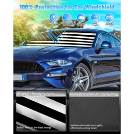 B&W American Flag Car Windshield Sun Shade Compatible with Ford Mustang 2015-2024 (NOT for Ford Mustang Mach-E) - Foldable Reflective USA Patriotic Window Sunshade for UV Protection & Heat Reduction