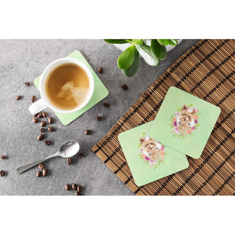 Caroline's Treasures CK4357FC Yorkie Green Flowers Foam Coaster Set of