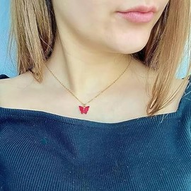 AF ALFENZO Butterfly Necklaces for Women, Pink Cute Pendant Dainty Chain Simple Cute Jewelry Gif, Stainless Steel, No Gemstone