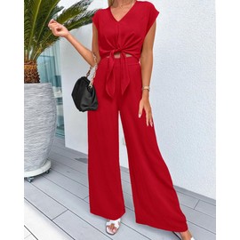 PRETTYGARDEN Women's Casual Summer Outfits 2 Piece Cute Cap Sleeve Tie Front Tops Loose Fit Pant Fashion Airport Outfit(Solid Red,Large)