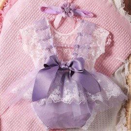 Zeroest Newborn Photograohy Outfits Girl Lace Romper Headband Props Newborn Girl Photoshoot Photo Outfit Infant Baby Picture (Lavender)
