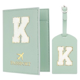 PATIKIL Passport Holder for Travel, Initial Passport Cover and Luggage Tag Set with Alphabet Chenille Letter Patch Travel Wallet Bag Suitcase Identifier for Women Family Travel Green K