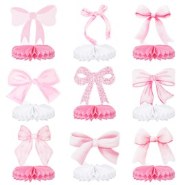 9pcs Bow Party Decorations, Pink Bow Party Honeycomb Centerpieces Pink Bow Decor Coquette Birthday Decorations for Girls Princess Birthday Party Baby Shower Decorations