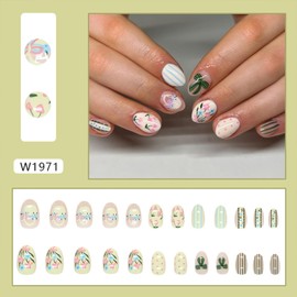 Extra Short Press on Nails Oval Fake Nails with Bow Flower Lines Dot Designs 24 Pcs Natural Reusable Acrylic Nail Full Cover Stick on Nail for Women WYFHDT