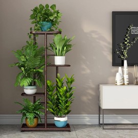 SORCEDAS Plant Stand Metal 4 Tier 5 Potted Multiple Flower Pot Holder Shelf Indoor Outdoor Planter Display Shelving Unit for Patio Garden Corner Balcony Living Room Organiser Racks - Color: brown