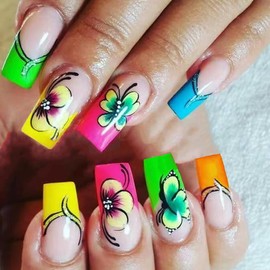 LBPEPAMZ 24Pcs Flower Press on Nails Medium Square Fake Nails with Mix-Color Butterfly Design Colorful French Tip Acrylic Nails False Nails Glitter Line Spring Summer Floral Glue on Nails for Women