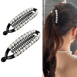 2PCS Faux Pearl Banana Clip Ponytail Holders Hair Clincher Hair Comb Fishtail Clip Grips Clamp Headwear Styling Hair Accessories for Women Girls(M+L)