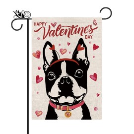 Valentines Day Garden Flag Valentine Boston Terrier Dog Flags for Outside Love Heart Anniversary Wedding Party Home Burlap Double Sided Yard Outdoor Decor 12x18 Inch