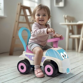 DOLU: Walk & Drive Foot to Floor Car - White & Pink - Ride-On Toy Vehicle, Horn, Storage Seat, Push-Pull Handle, Indoor-Outdoor Play, Toddlers 12mo+