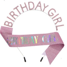 Ali Pearl Birthday Crowns for Women, Pink Birthday Girl Sash & Birthday Tiara for Women Set, Glitter Headband Birthday Gifts for Women, Sweet Happy Birthday Decorations For Women