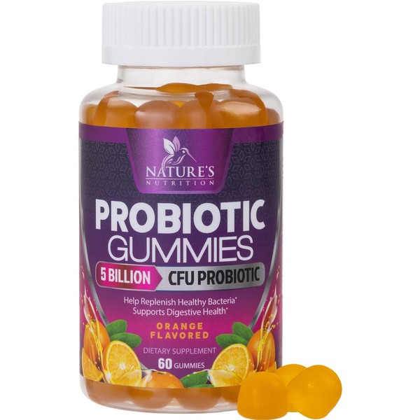 Nature's Nutrition Probiotics for Women & Men Gummy, Extra Strength 5 Billion CFU, Lactobacillus Acidophilus Daily Probiotic Supplement, Supports Immune & Digestive Health, Orange Flavor, 60 Gummies