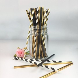 Dulousia Biodegradable Stripe Straws Gold and Black Paper Drinking Straws for Party 100 Pcs 7.75 Inches for Adult and Kids