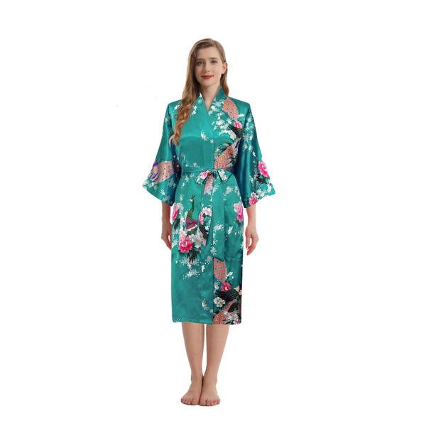 Trifolium Kimono - Silky Satin Bath Gown with Peacock &