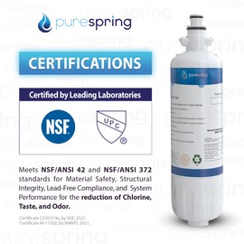 PureSpring Certified Replacement Refrigerator Water Filter for LG ADQ36006101, LT700P, ADQ36006102, LFDS22520S, LFXS24623S, LFXS30766S, LFXS29766S, Kenmore 46-9690, 469690 NSF 42 Certified (1 Pack)