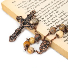 Nazareth Store Vintage Natural Yellow Jasper Stone Beads 8mm Necklace Holy Earth Medal & Cross Religious Rosaries Terra Santa Jerusalem Collection, Zinc stone