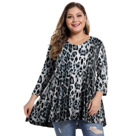 MONNURO Womens Plus Size 3/4 Sleeve V Neck Button Casual Loose Flowy Swing Tunic Tops Basic Tee Shirts for Leggings(White Leopard Print,5X