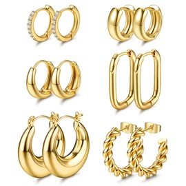 Dochais 6 Pairs Gold Hoop Earrings Set, Earrings Gold-Plated 14 K, Hoop Earrings Gold Small, Hypoallergenic Earrings Hoop Zirconia, Gold Hoop Earrings, Twist Huggie Earrings for Women (Gold Silver),