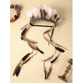 Fashband Indian Feather Crown Headband Boho Tassel Crowns Headpiece Tribal Festival Party Headwear Hair Accessories for Women (White)