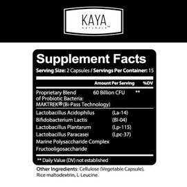 Kaya Naturals Probiotic 60 Billion CFU - Probiotics for Women, Probiotics for Men and Adults, Natural - Gut Health & Immune Support Supplement - Provides Digestive Support - 30 Vegetable Capsules