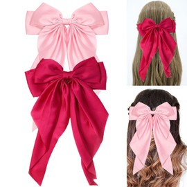 2 Pcs Hot Pink Satin Hair Bows,Large Pink Hair Bow Clips for Women Big Ribbon Bows Hair Clip Hair Accessories for Wedding Prom Party Charm