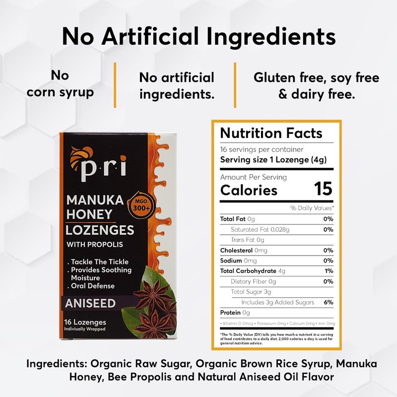 P.R.I Manuka Honey Lozenges with Propolis, Aniseed Cough Drops, Natural