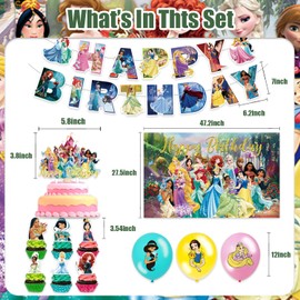 42pcs Princess Party Plates Supplies Pack Includes，Banner，Cake Topper，Blackdrop,Balloons for Princess party decoration