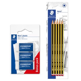 Staedtler 5 Noris Mars Pencils and 3 Erasers Plastic, Phthalate and Latex Free, Low Crumbs, White, Low Wear