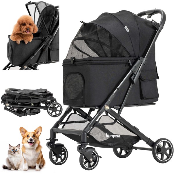 Kenyone Pet Stroller for Small to Medium Dogs Durable Cat Stroller with Lightweight Aluminum Frame, One-Click Folding, No Zip Entry, PU Wheels, Multiple Pockets(Black)