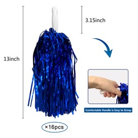PPXMEEUDC 16PCS Cheerleading Pom Poms Metallic Foil Plastic Pom Poms with Baton Handle for Game Sports Squads Dancing Party Football Basketball Club Spirit Sports Stage Performance Celebration (Blue)