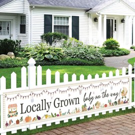 Jollyboom Locally Grown Baby on The Way Banner Farmers Market Theme Yard Banner Sign 118.11x19.69inches with Vegetable Garden Design for Farm Fruit Theme Baby Shower Decorations Welcome Baby Party