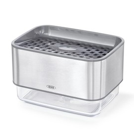 OXO Okso Sponge Holder with Soap Dispenser, Silver - One Push Releases Detergent