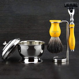 Complete 4 Piece Shaving Set Yellow Collection Black Synthetic Badger Brush & Gillette Fusion Razor / Gillette Mach3 or Classic Safety Razor + Bowl and Double Razor Stand