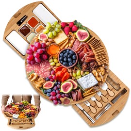 Baderke 20 Inches Large Charcuterie Boards Gifts Set for Her Bamboo Round Cheese Charcuterie Board Accessories Utensils Serving Board House Warming Gift New Home Birthday Wedding Gift
