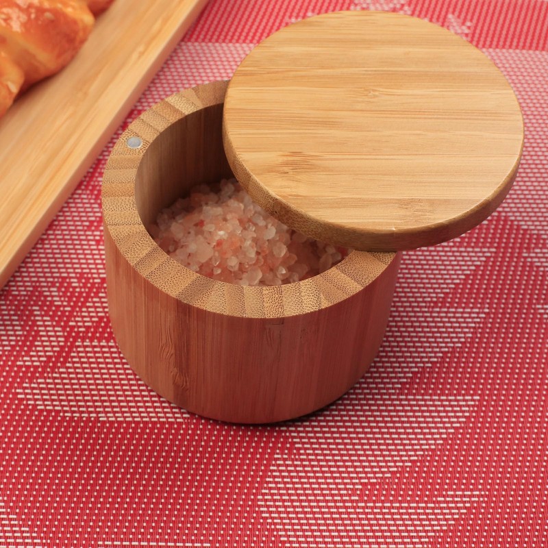 ZTHapwa Salt Cellar with Magnetic Swivel Lid, Rustic Bamboo Salt