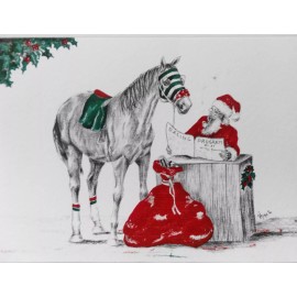 Artist Created Horse Racing Christmas Card Santa/Race Horse reading Daily Racing