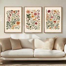 BINCUE Neutral Framed Wildflower Wall Art Set of 3 Colorful Floral Wall Decor Vintage Flower Art Prints Set of 3 for Living Room Bedroom Bathroom 16x24 Inches