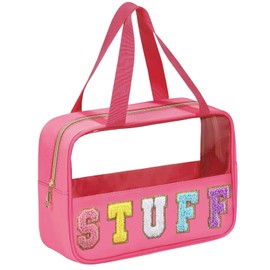 BuyCard Preppy Stuff Bags for Travel, Clear Zipper Pouch with Chenille Letter, Nylon & PVC Waterproof Large Stuff Pouch with Handle for Toiletry Makeup, Cosmetic Bag Rose Red