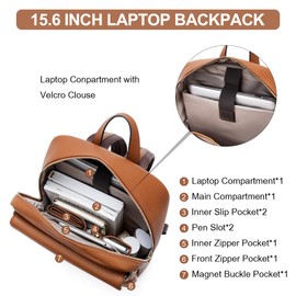 BOSTANTEN Leather Backpack for Women 15.6 inch Laptop Backpack Purse Casual Business Travel Computer Shoulder Bags with Trolley Sleeve Brown
