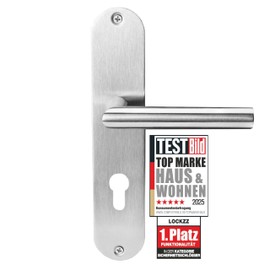 lockzz Door Handle Set Nuremberg Stainless Steel Matt Brushed - Long Plate L-Shape for Home Entrance Doors & Interior Doors - PZ Profile Cylinder 72 mm - Door Handle Set with Retaining Spring