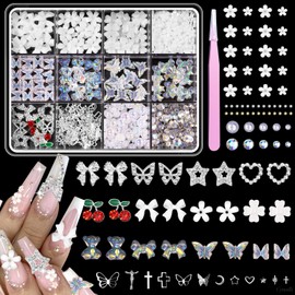 3D Nail Charms and Gems, White Flower Nail Pearls Charms, Polar Clear Butterfly Bear Bows Nail Art Charm, Silver Cherry Star Heart Studs Nail Jewelry Charms for Nail Art Design