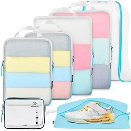 PFEYRPK Compression Packing Cubes for Suitcase,Expandable Packing Cubes Compression for Travel, 7 Set with Clear Toiletries Shoe Bag and Backpack Bag Organizer Cubes for Travel Essentials.