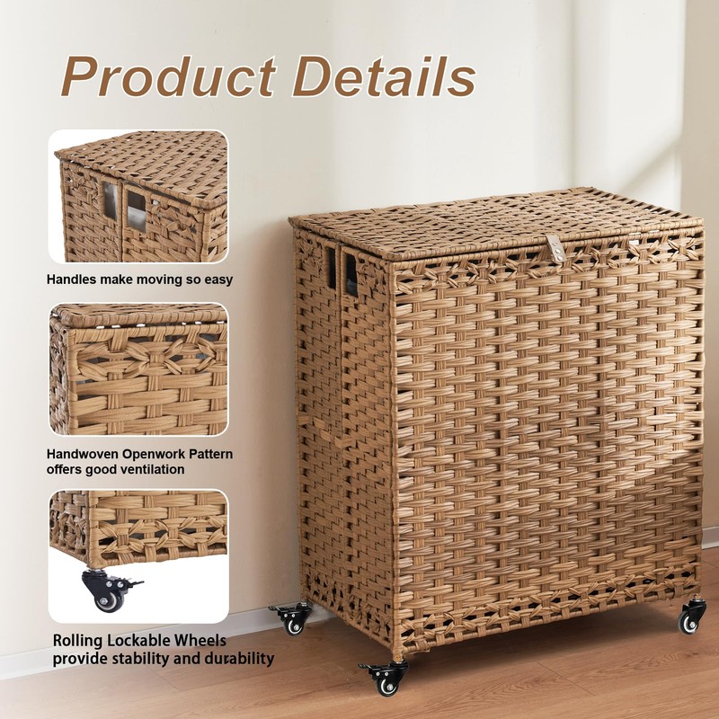 Laundry Hamper with Wheels&Lid, 50.2 Gallons(190L) Rolling Laundry Basket with