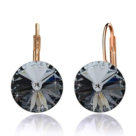 Austrian Crystal Round Drop Earrings for Women 14K Gold Plated Hypoallergenic Leverback Hoop Earrings (Black)