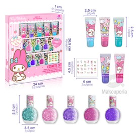 MAKEUPERIA Maquillaje Infantil My Melody para Niñas, Set de Cosméticos con 5 Brillos Labiales, 5 Esmaltes Desprendibles, Calcomanías para Uñas, Sabor Frutal, Ideal como Regalo Seguro y Lavable