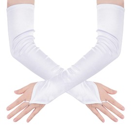 Hmxpls Fingerless Over Elbow Gloves, Long Fingerless Satin Opera Gloves Soft Stretchy Spandex Adult Size Cosplay Gloves (White)