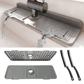 17.3" Silicone Faucet Mat for Kitchen Sink, Splash Guard with 2 Cleaning Brushes, Anti-Slip Suction Cups, 10° Slope Fast-Drain Countertop Protector, Grey